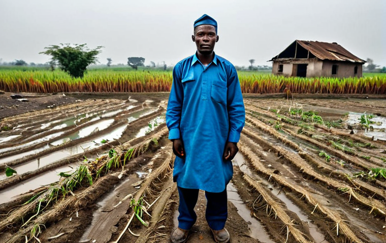 비아프라 전쟁의 환경적 영향 - Toxic Legacy**

"A Nigerian farmer, fully clothed in modest work clothes, standing in a barren field...