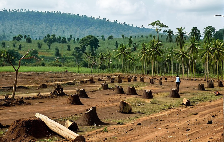 비아프라 전쟁의 환경적 영향 - Toxic Legacy**

"A Nigerian farmer, fully clothed in modest work clothes, standing in a barren field...