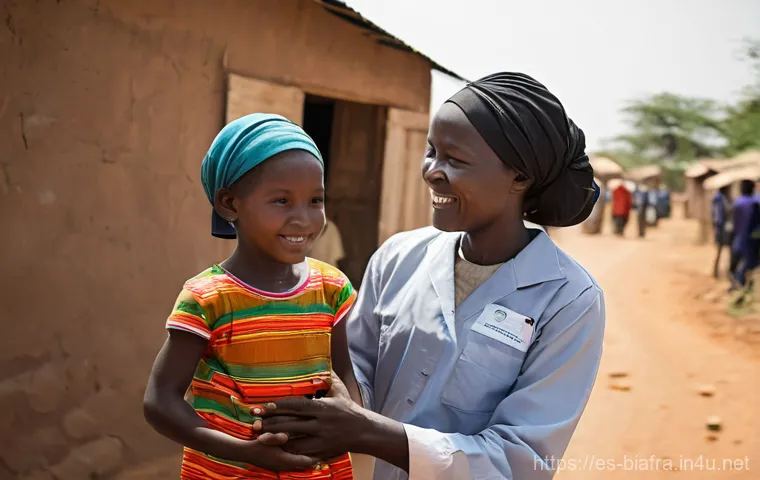 비아프라 전쟁과 전쟁범죄 재판 - **Prompt 1: Compassionate Aid Amidst Scarcity**
    "A heartwarming scene depicting a group of dedic...