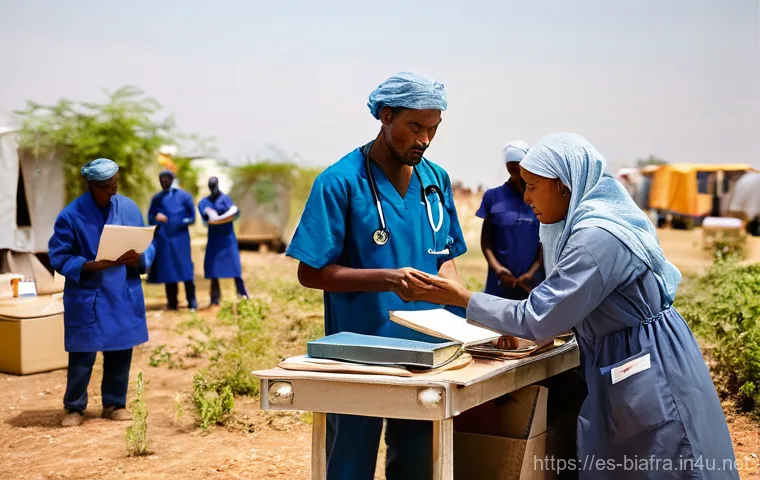 비아프라 전쟁과 전쟁범죄 재판 - **Prompt 1: Compassionate Aid Amidst Scarcity**
    "A heartwarming scene depicting a group of dedic...