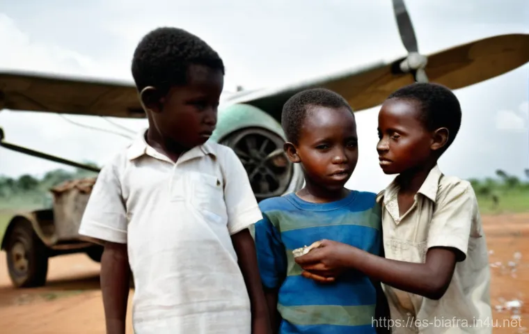 비아프라 전쟁과 아프리카 원조 문제 - **A scene of hope amidst hardship:** A group of resilient Biafran children, clothed in simple but cl...