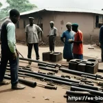 비아프라 전쟁 당시 사용된 무기 - **Prompt:** A gritty, realistic depiction of Biafran ingenuity in a makeshift workshop. In the foreg...