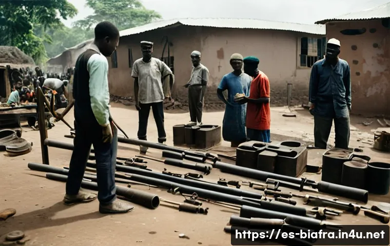비아프라 전쟁 당시 사용된 무기 - **Prompt:** A gritty, realistic depiction of Biafran ingenuity in a makeshift workshop. In the foreg...