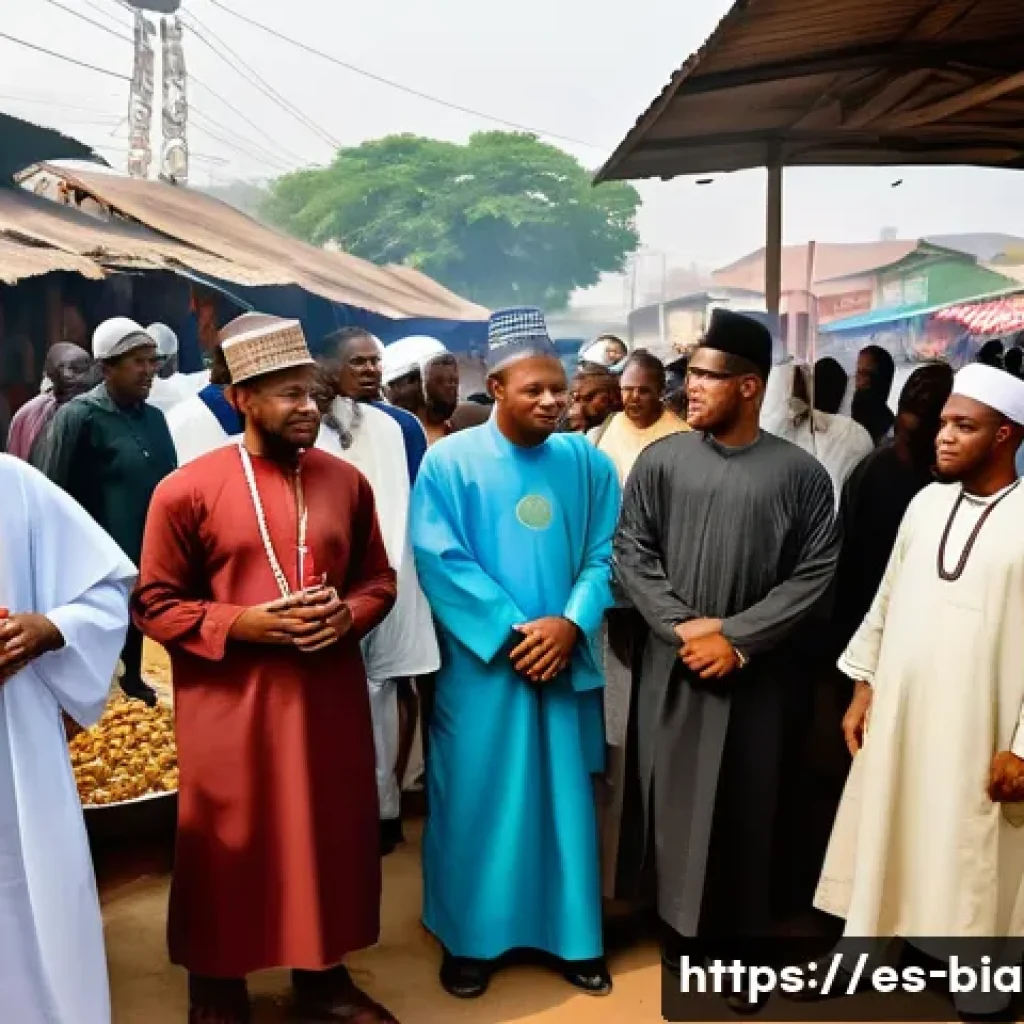 비아프라 전쟁과 기독교 vs 이슬람 - A detailed scene depicting a diverse Nigerian community during the Biafra conflict, showing Christia...