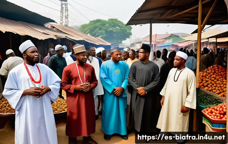 비아프라 전쟁과 기독교 vs 이슬람 - A detailed scene depicting a diverse Nigerian community during the Biafra conflict, showing Christia...