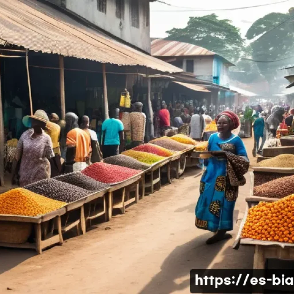 비아프라의 주요 도시 - A bustling open-air market scene in Calabar, Nigeria, showcasing vibrant stalls filled with local pr...