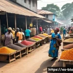 Home 22 비아프라의 주요 도시 - A bustling open-air market scene in Calabar, Nigeria, showcasing vibrant stalls filled with local pr...