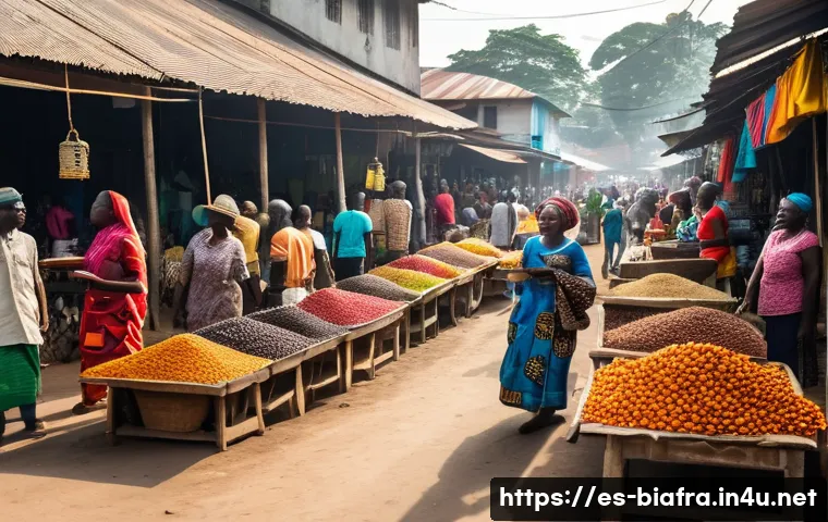비아프라의 주요 도시 - A bustling open-air market scene in Calabar, Nigeria, showcasing vibrant stalls filled with local pr...