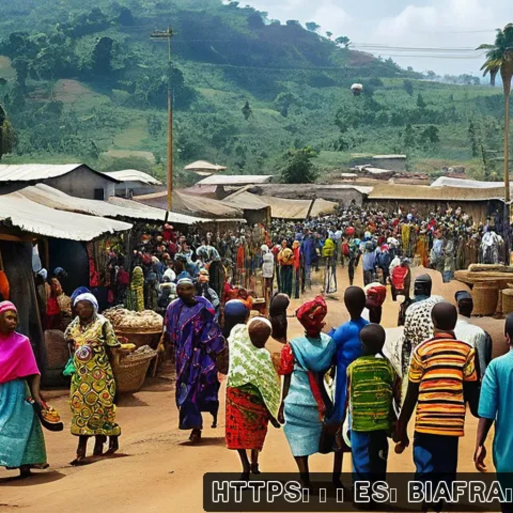 비아프라와 나이지리아 정치 갈등 - A detailed scene of a diverse Nigerian community in the Biafra region, showcasing traditional ethnic...
