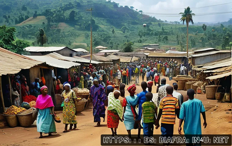 비아프라와 나이지리아 정치 갈등 - A detailed scene of a diverse Nigerian community in the Biafra region, showcasing traditional ethnic...