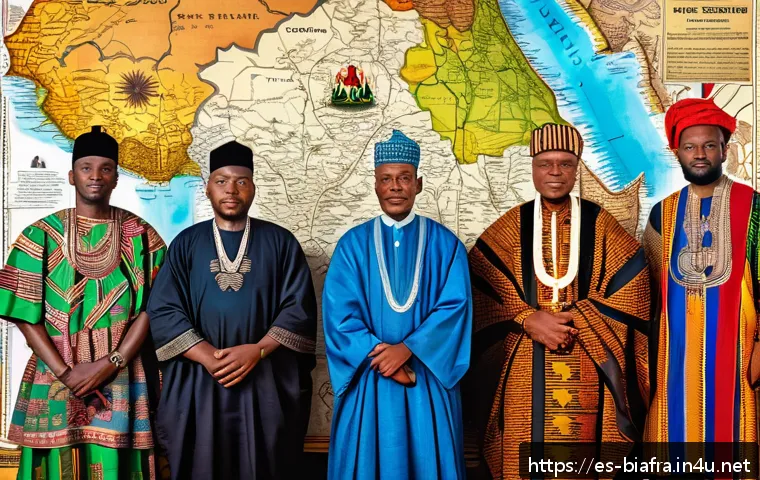 비아프라 전쟁 관련 논문 추천 - A detailed historical scene depicting a diverse group of Nigerian ethnic leaders&mdash;Igbo, Hausa, and Yo...