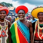 Home 18 비아프라 독립운동과 나이지리아 헌법 - A vibrant scene depicting a diverse group of Nigerian Igbo people in traditional colorful attire cel...