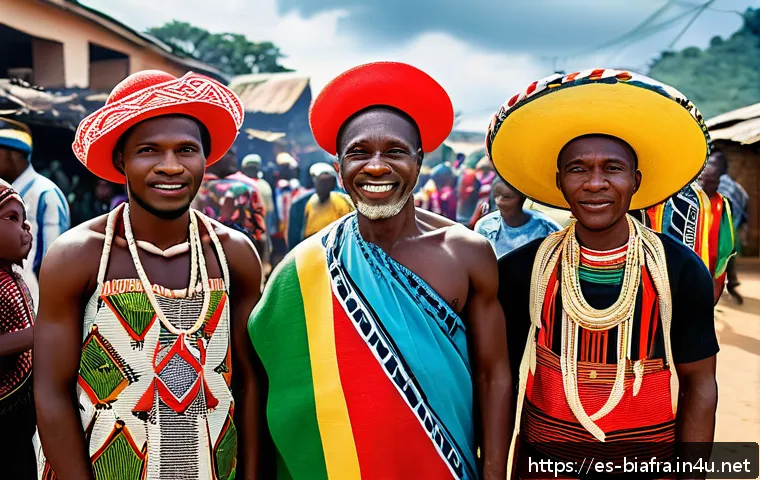 비아프라 독립운동과 나이지리아 헌법 - A vibrant scene depicting a diverse group of Nigerian Igbo people in traditional colorful attire cel...