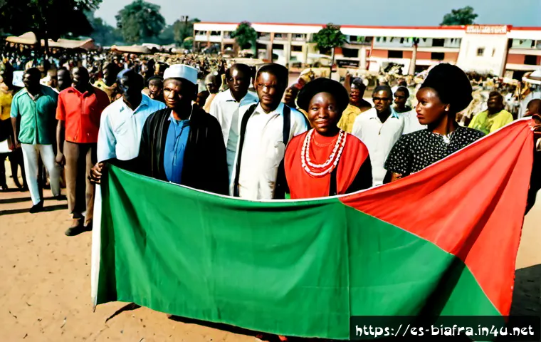 Home 17 비아프라 독립운동 - Photorealistic 1960s southeastern Nigerian town square, peaceful Biafran independence gathering with...