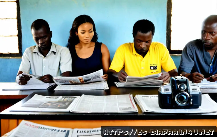 Home 17 비아프라 공화국의 언론 자유 - Photorealistic documentary scene of independent journalists in a modest West African newsroom, diver...