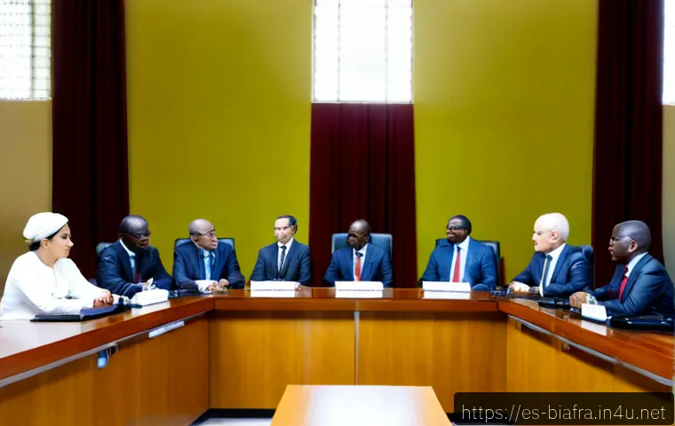 비아프라 공화국과 아프리카 연합 내 입지 - Photorealistic diplomatic roundtable in a modern African conference hall, diverse West African and A...